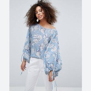 Traffic People Boho Floral Blouse Balloon Puff Sleeves Drawstrings Blue Size S